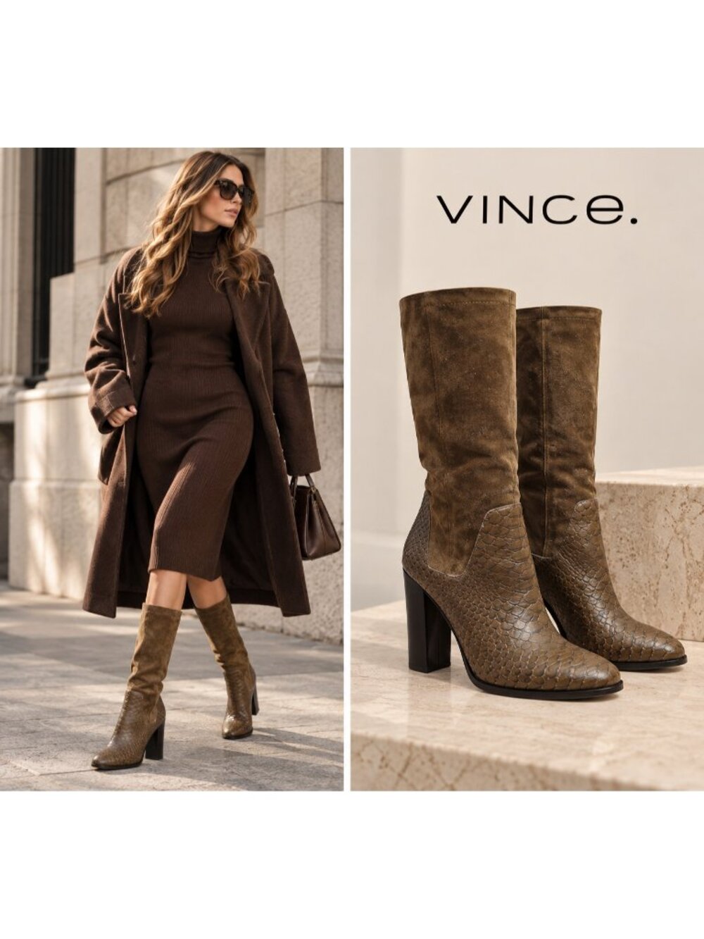 VINCE Brown Suede Textured Leather Tall Boots Block Heel Italy 8.5M EU 38.5